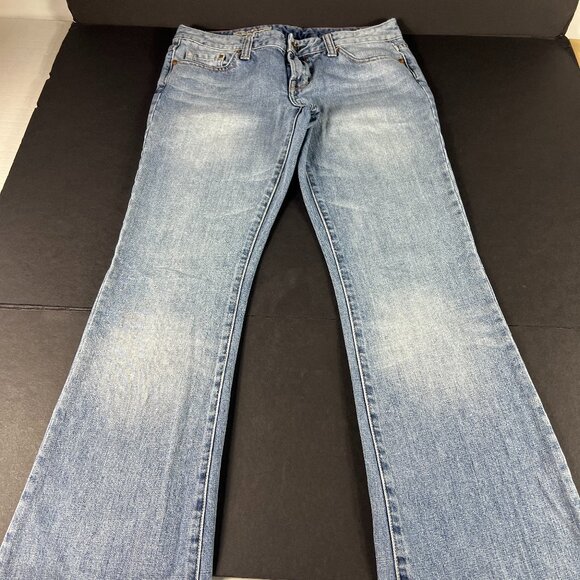 Express X2 Jeans Women's Measured 32x32 Slim Low Rise Flare Blue Denim Tag 6 L - Picture 1 of 16